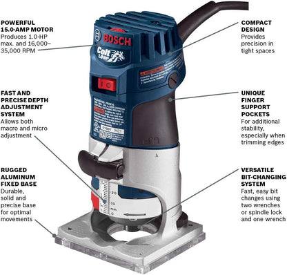 BOSCH PR20EVS Colt 1.0 HP Variable-Speed Palm Router - 5.6 Amp Motor, Soft Start, Constant ResponsCircuitry, Ergonomic Grip, Rugged Aluminum Base, Quick-Clamp System, 1/4" Collet