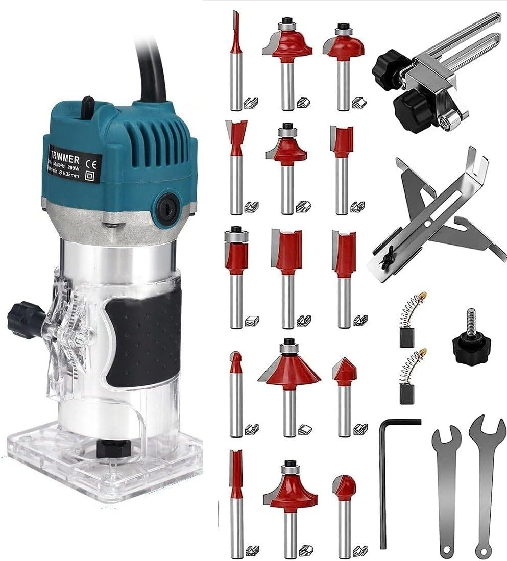 110V Router Tool, 800W Wood Trim Router, 30000RPM Electric Hand Trimmer, Palm Router with 15x 1/4” Router Bits & 2x Trim Guides for Woodworking Tools, Adjustable Base Height w/Scale