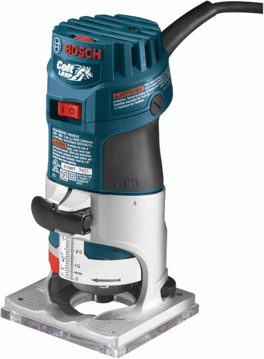 BOSCH PR20EVS Colt 1.0 HP Variable-Speed Palm Router - 5.6 Amp Motor, Soft Start, Constant ResponsCircuitry, Ergonomic Grip, Rugged Aluminum Base, Quick-Clamp System, 1/4" Collet