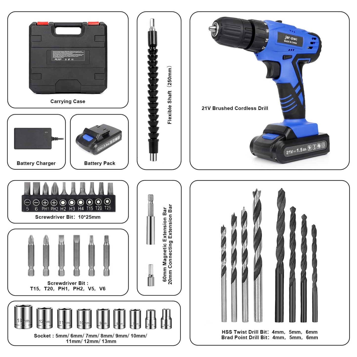 Jar-Owl 21V Cordless Drill, 350 in-lb Torque, 0-1350RMP Variable Speed, 10MM 3/8'' Keyless Chuck, 18+1 Clutch, 1.5Ah Li-Ion Battery & Charger for Home Tool Kit - Yellow