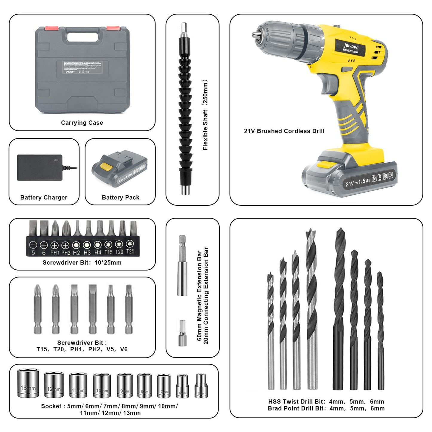 Jar-Owl 21V Cordless Drill, 350 in-lb Torque, 0-1350RMP Variable Speed, 10MM 3/8'' Keyless Chuck, 18+1 Clutch, 1.5Ah Li-Ion Battery & Charger for Home Tool Kit - Yellow