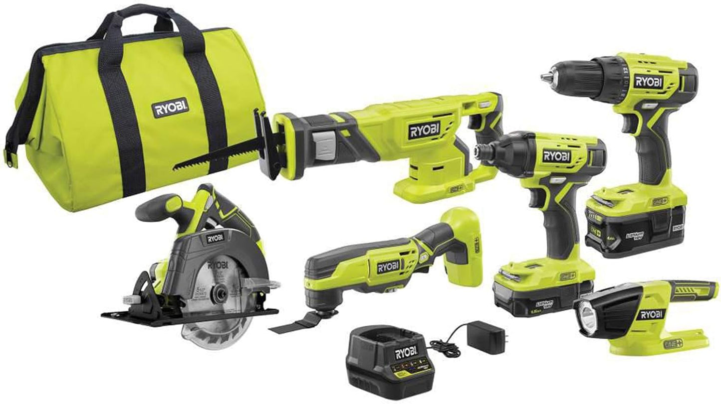 RYOBI P1819 18V One+ Lithium Ion Combo Kit (6 Tools: Drill/Driver, Impact Driver, Reciprocating Saw, Circular Saw, Multi-Tool, LED Worklight, 4.0 Ah & 1.5 Ah Battery, Charger, Bag)