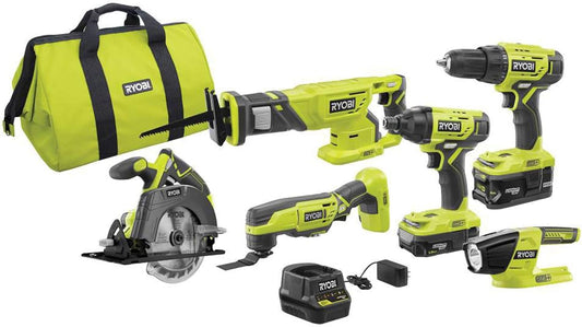 RYOBI P1819 18V One+ Lithium Ion Combo Kit (6 Tools: Drill/Driver, Impact Driver, Reciprocating Saw, Circular Saw, Multi-Tool, LED Worklight, 4.0 Ah & 1.5 Ah Battery, Charger, Bag)