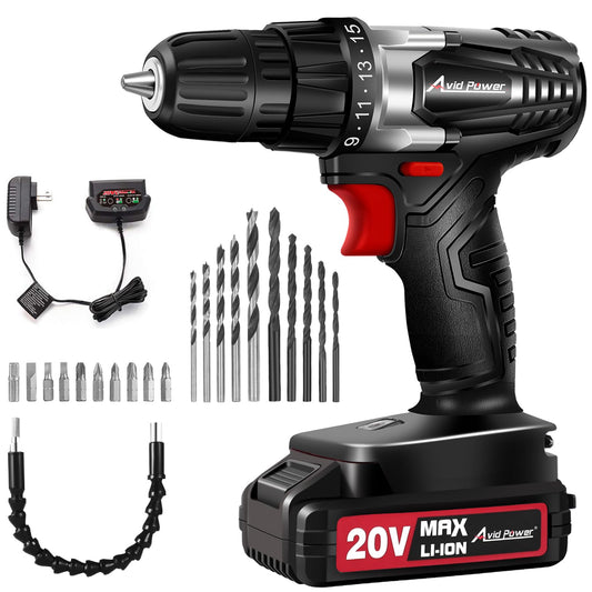 AVID POWER 20V MAX Lithium lon Cordless Drill Set, Power Drill Kit with Battery and Charger, 3/8-Inch Keyless Chuck, Variable Speed, 16 Position and 22pcs Drill Bits (Red)