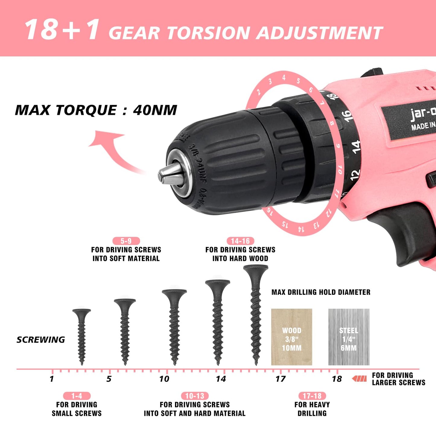 Jar-Owl 21V Cordless Drill, 350 in-lb Torque, 0-1350RMP Variable Speed, 10MM 3/8'' Keyless Chuck, 18+1 Clutch, 1.5Ah Li-Ion Battery & Charger for Home Tool Kit - Yellow