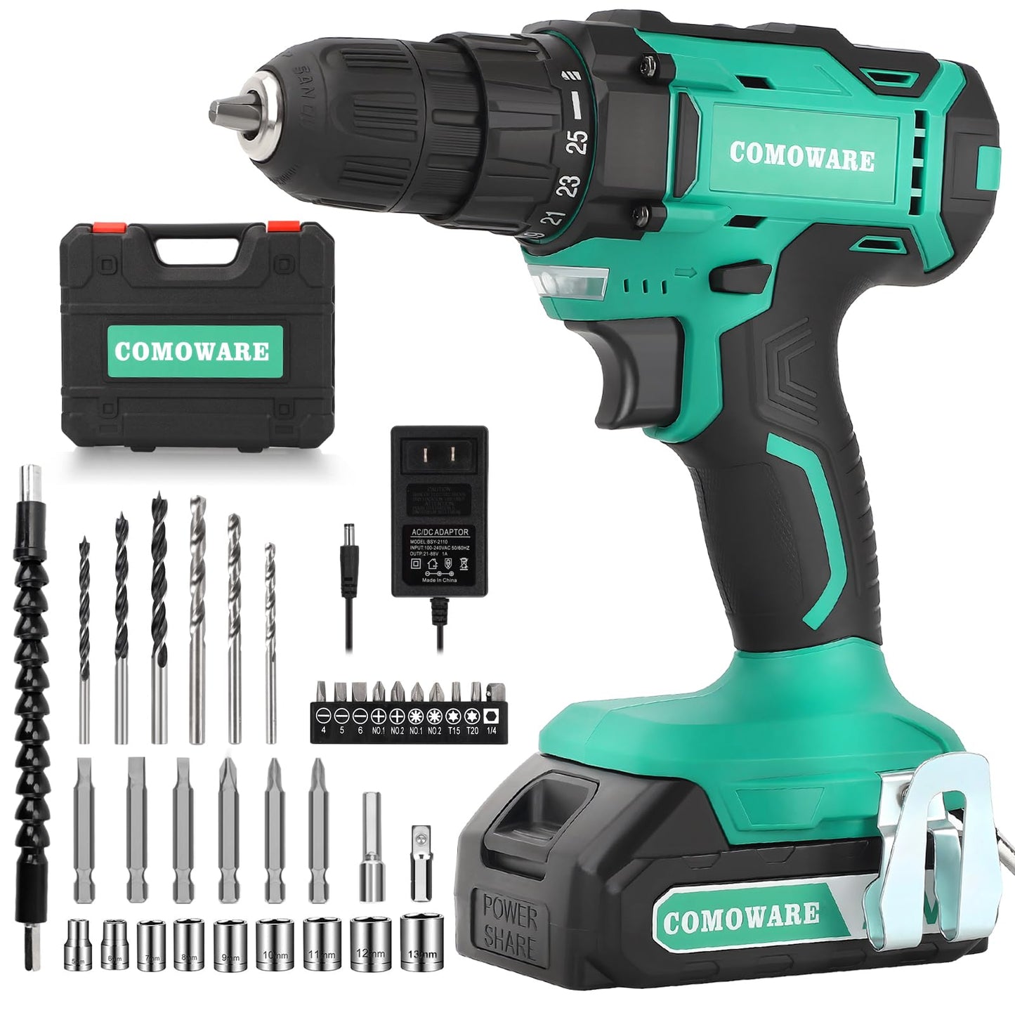 COMOWARE 20V Cordless Drill, Electric Power Drill Set with 1 Battery & Charger, 3/8” Keyless Chuck, 2 Variable Speed, 266 In-lb Torque, 25+1 Position and 34pcs Drill/Driver Bits