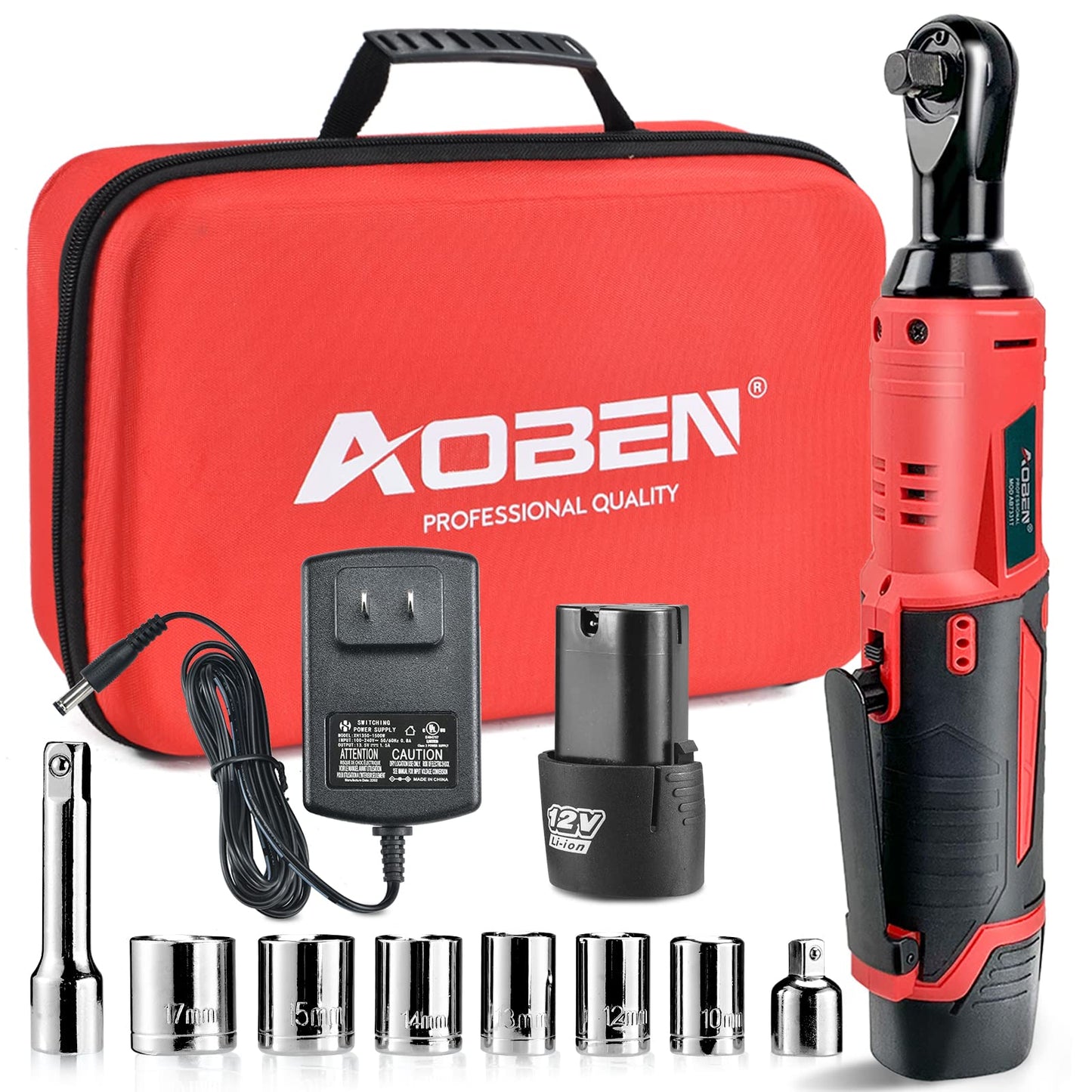 AOBEN Cordless Electric Ratchet Wrench Set, 3/8" 12V Power Ratchet Tool Kit With 2 Packs 2000mAh Lithium-Ion Battery And Charger