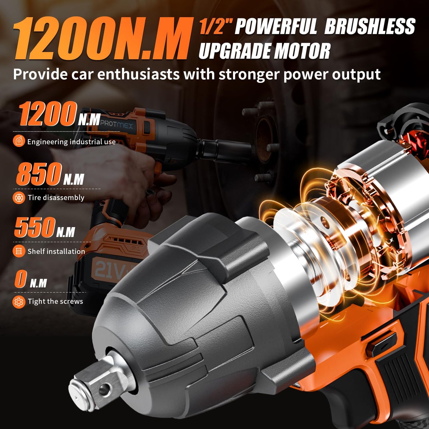 Cordless Impact Wrench, 900Ft-lbs (1200N.m) 1/2" Brushless Impact Gun, 21V High Torque Power Impact Driver, 2x4.0Ah Batteries Electric Impact Motor Variable Speeds for Car/Truck RV/Mower