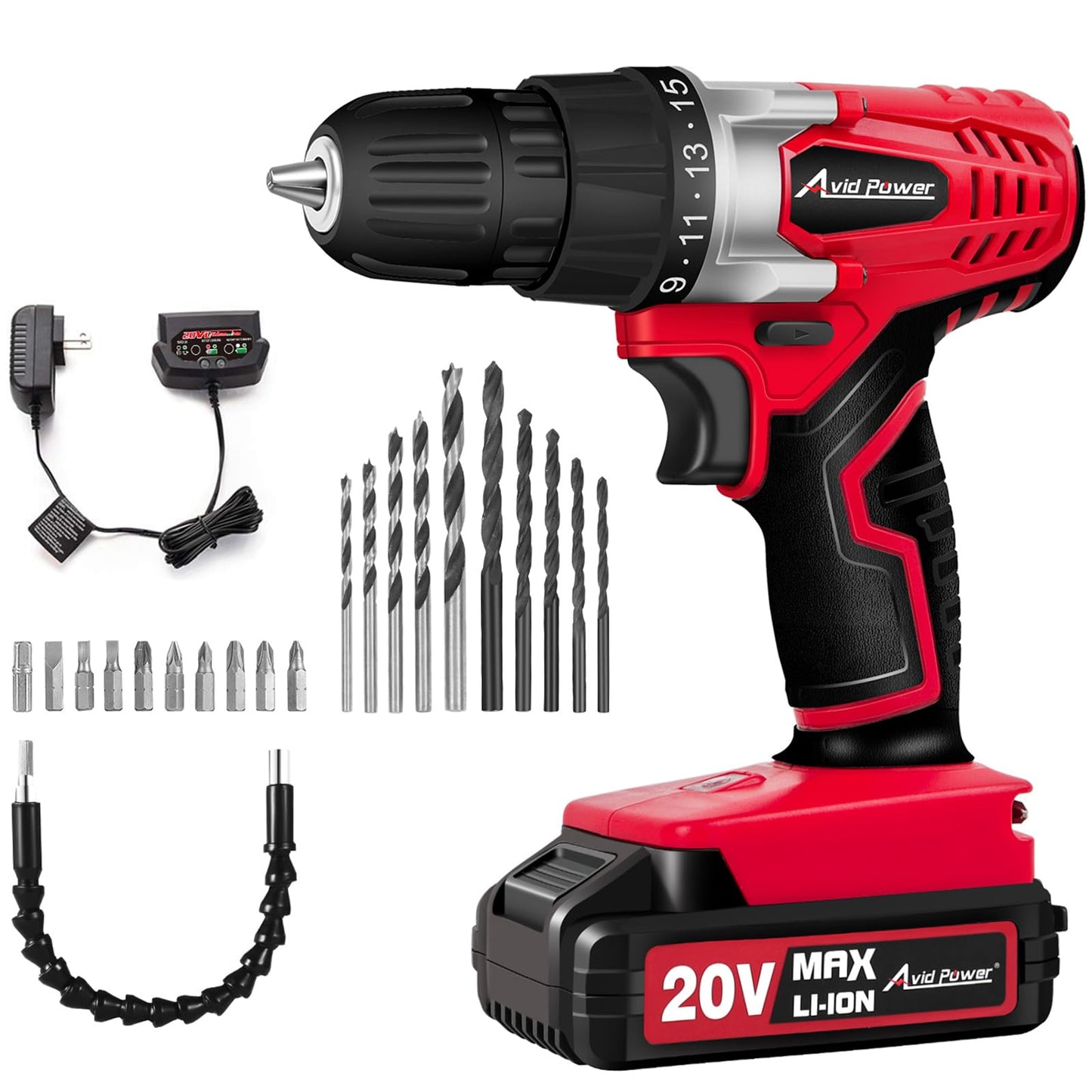 AVID POWER 20V MAX Lithium lon Cordless Drill Set, Power Drill Kit with Battery and Charger, 3/8-Inch Keyless Chuck, Variable Speed, 16 Position and 22pcs Drill Bits (Red)