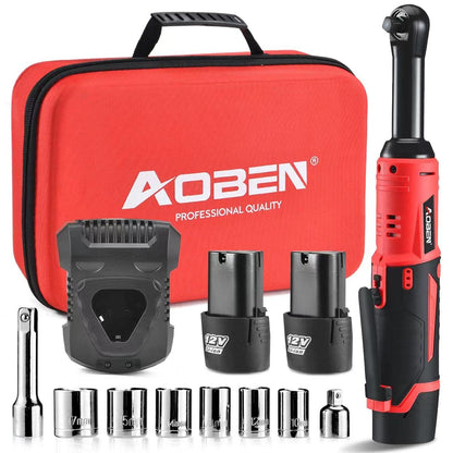 AOBEN Cordless Electric Ratchet Wrench Set, 3/8" 12V Power Ratchet Tool Kit With 2 Packs 2000mAh Lithium-Ion Battery And Charger
