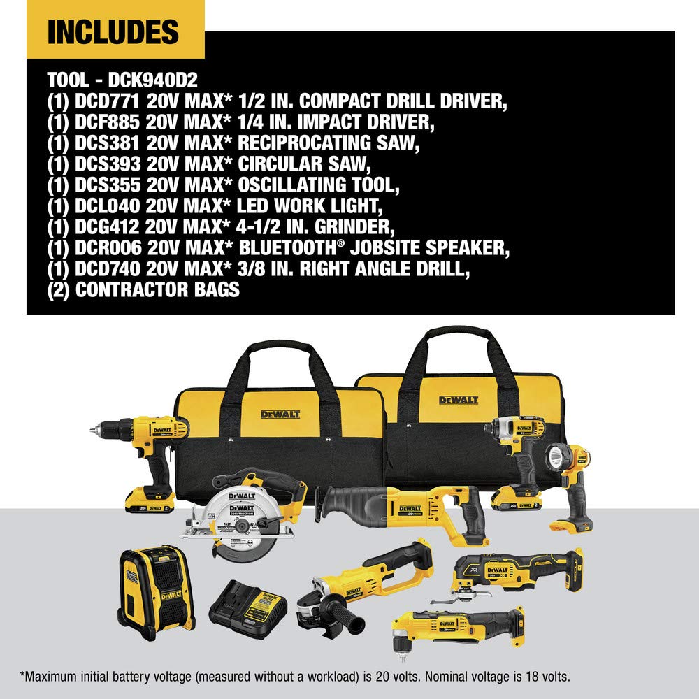 DEWALT 20V MAX Power Tool Combo Kit, 9-Tool Cordless Power Tool Set with 2 Batteries and Charger (DCK940D2)