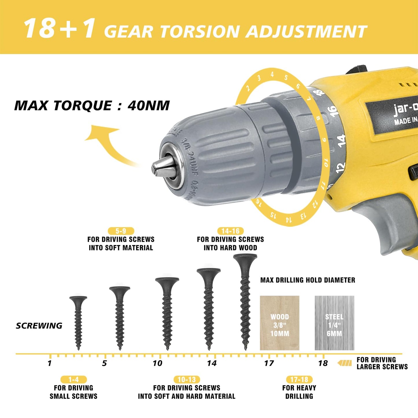 Jar-Owl 21V Cordless Drill, 350 in-lb Torque, 0-1350RMP Variable Speed, 10MM 3/8'' Keyless Chuck, 18+1 Clutch, 1.5Ah Li-Ion Battery & Charger for Home Tool Kit - Yellow