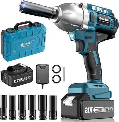 Seesii Cordless Impact Wrench, 900N.m(665ft-lbs) Power Impact Gun 1/2 Inch, 4.0Ah Battery, 3300RPM Impact Wrench, 6 Sockets, Electric Impact Driver for Home Car Truck Mower Father Dad Husband