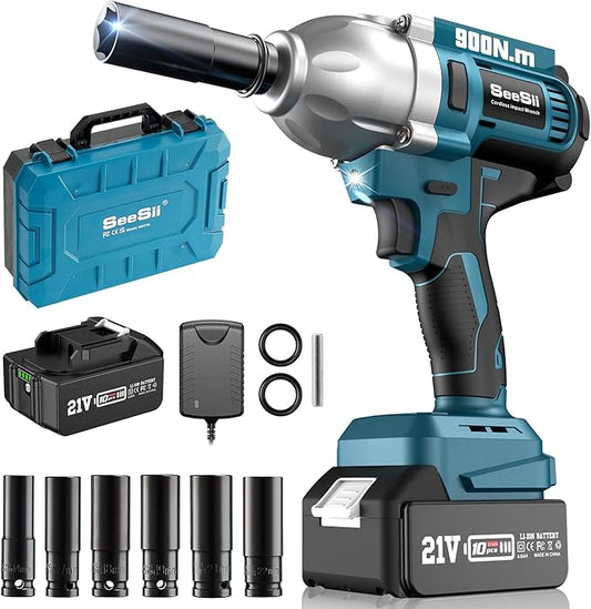 Seesii Cordless Impact Wrench, 900N.m(665ft-lbs) Power Impact Gun 1/2 Inch, 4.0Ah Battery, 3300RPM Impact Wrench, 6 Sockets, Electric Impact Driver for Home Car Truck Mower Father Dad Husband