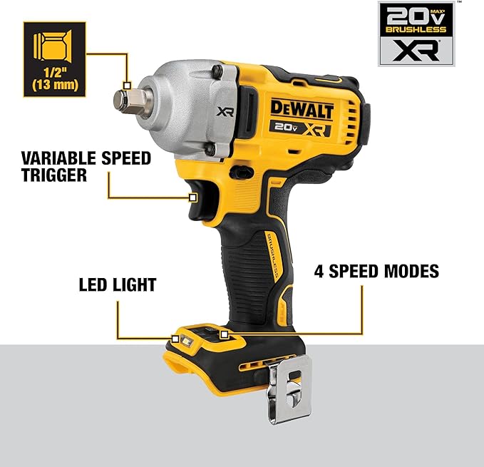 DEWALT 20V MAX Cordless Impact Wrench, 1/2' Hog Ring, Includes LED Work Light and Belt Clip, Bare Tool Only (DCF891B)