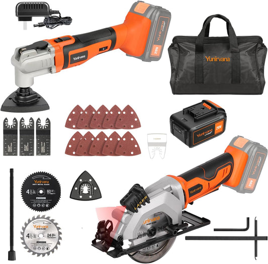 20V Max 4.0 Ah Li-ion Cordless Combo Kit,22000 OPM Oscillating Multi Tool with 3Pcs of Blades and 10pcs Sanding Papers,3400RPM Cordless Circular Saw with 2 pcs of Blades