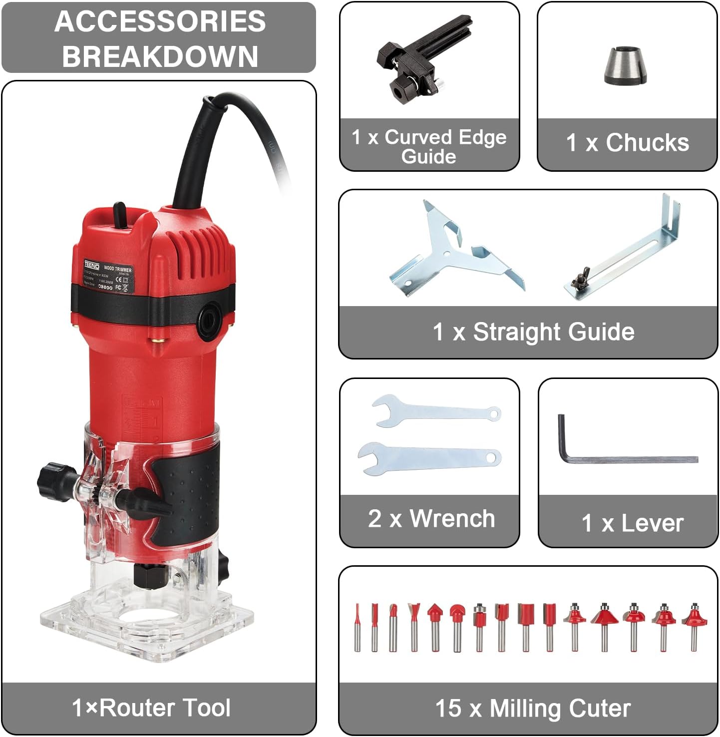 TEENO Wood Router, 800W Compact Router Tools for Woodworking, 31000 RPM Hand Trim Router with 15 Pcs 1/4" Router Bits Set, Edge Guide, Roller Guide