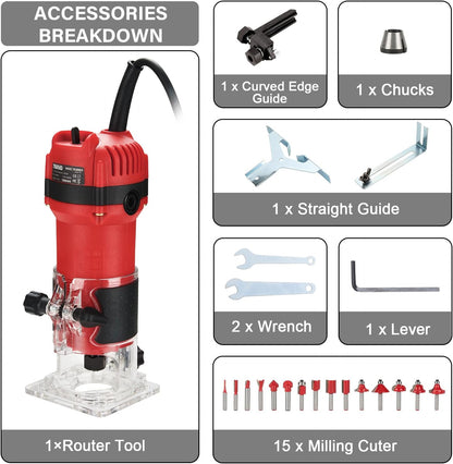 TEENO Wood Router, 800W Compact Router Tools for Woodworking, 31000 RPM Hand Trim Router with 15 Pcs 1/4" Router Bits Set, Edge Guide, Roller Guide