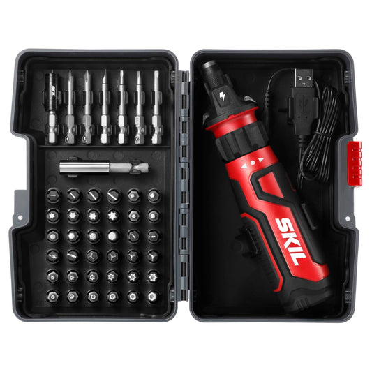 SKIL Rechargeable 4V Cordless Screwdriver with Circuit Sensor Technology, Includes 9pcs Bit, 1pc Bit Holder, USB Charging Cable - SD561201, Red