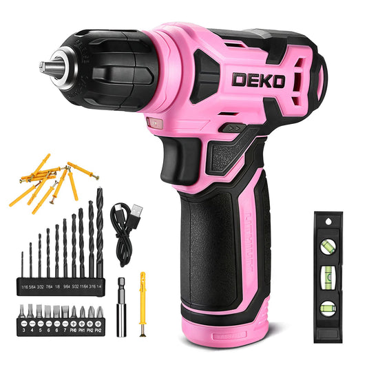 DEKOPRO 8V Cordless Drill, Drill Set with 3/8"Keyless Chuck, 42pcs Acessories, Built-in LED, Type-C Charge Cable, Pink Power Drill for Drilling and Tightening/Loosening Screws