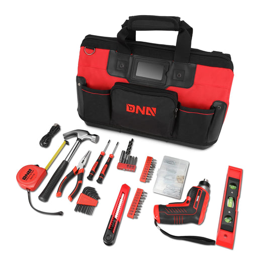 DNA MOTORING 19-Piece Red Tool Set - Portable Household Hand Tool Kit with Wide Mouth Canvas Storage Bag for DIY Home Repairing, Gift for Women Girls Ladies, TOOLS-00204