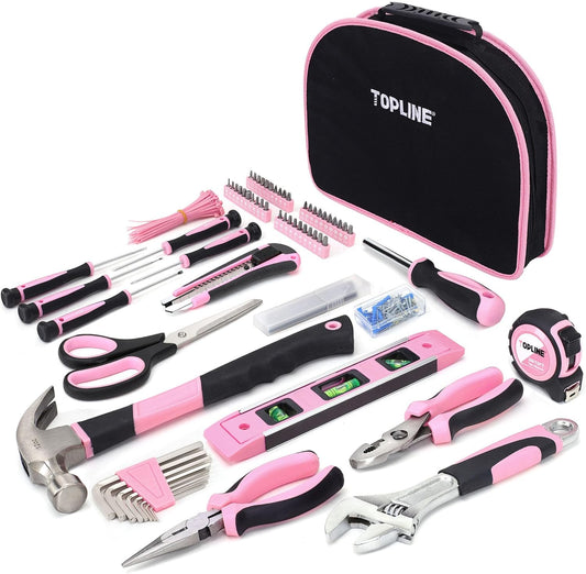 TOPLINE 208-Piece Pink Tool Kits for Women with Round Pouch, Small Tools Kit for Apartment, Home, Household Ladies Pink Tool Set for Best Gifts and Home Maintenance