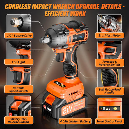 Cordless Impact Wrench, 517Ft-Ibs (700N.m) 1/2" Impact Gun, 2 x 4.0Ah Batteries Impact Driver, 21V Power Brushless Motor for Car Tire/DIY Furniture