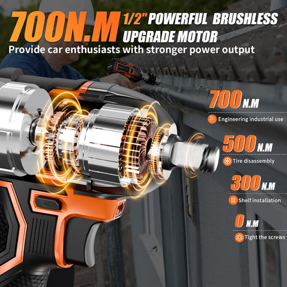 Cordless Impact Wrench, 517Ft-Ibs (700N.m) 1/2" Impact Gun, 2 x 4.0Ah Batteries Impact Driver, 21V Power Brushless Motor for Car Tire/DIY Furniture