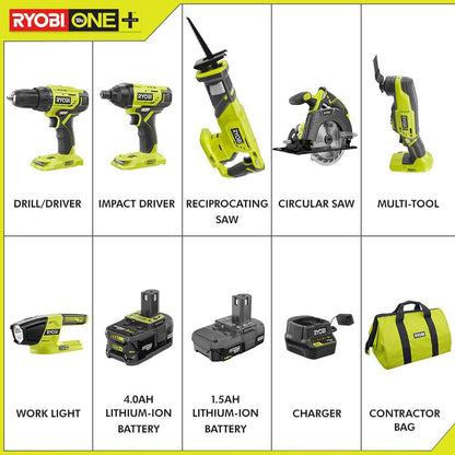 RYOBI P1819 18V One+ Lithium Ion Combo Kit (6 Tools: Drill/Driver, Impact Driver, Reciprocating Saw, Circular Saw, Multi-Tool, LED Worklight, 4.0 Ah & 1.5 Ah Battery, Charger, Bag)