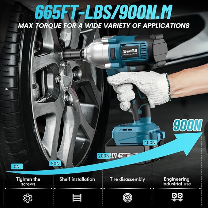 Seesii Cordless Impact Wrench, 900N.m(665ft-lbs) Power Impact Gun 1/2 Inch, 4.0Ah Battery, 3300RPM Impact Wrench, 6 Sockets, Electric Impact Driver for Home Car Truck Mower Father Dad Husband